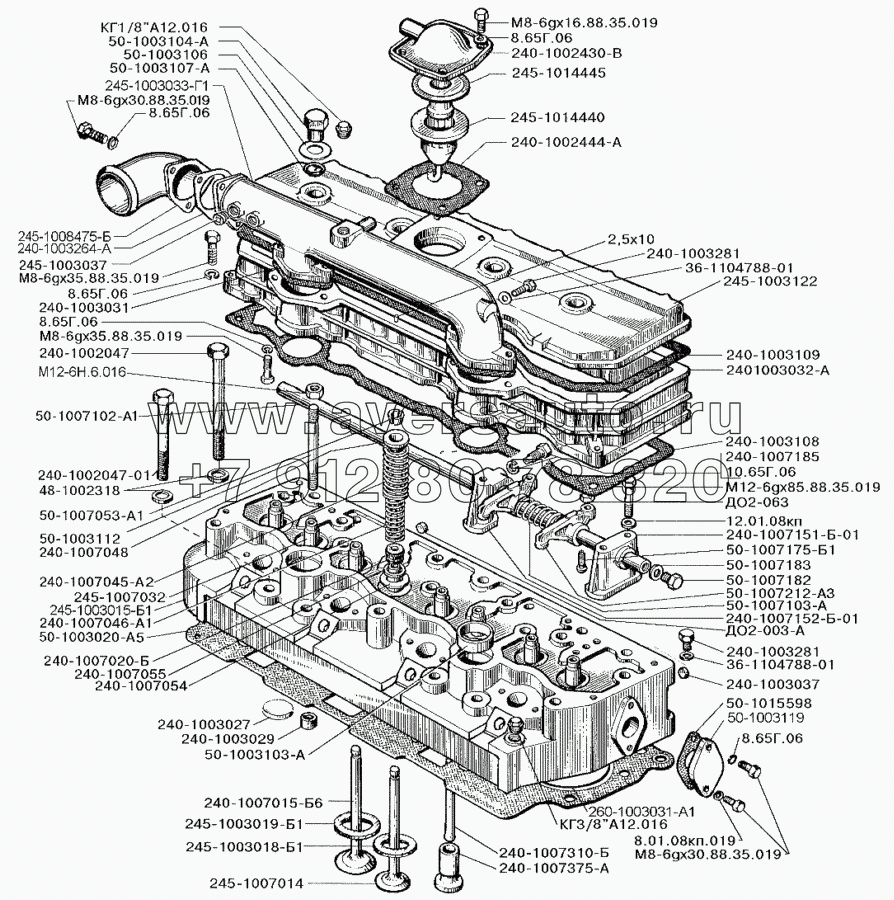Головка блока цилиндров, клапаны и толкатели двигателя Д-245.9Е2